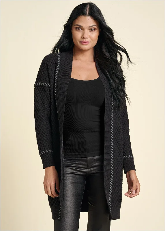 cable knit women cardigan with intricate patternsContrast Stitch Cardigan - Black