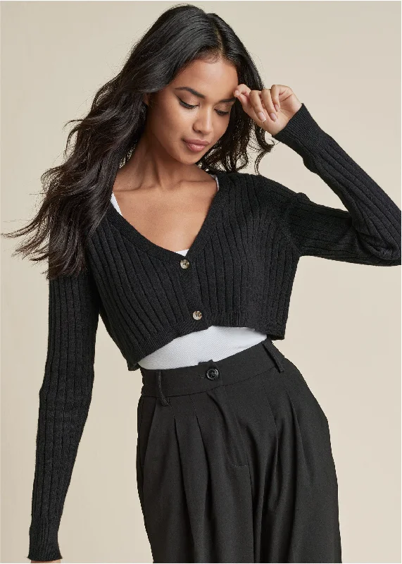 long length women cardigan with side slitsCropped Cardigan - Black