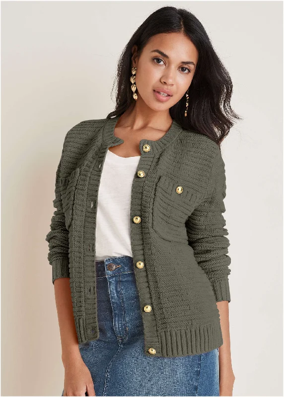 floral print women cardigan for a feminine touchButton Detail Cardigan - Olive