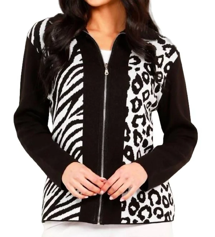 Animal Print Zip Cardigan In Black/white