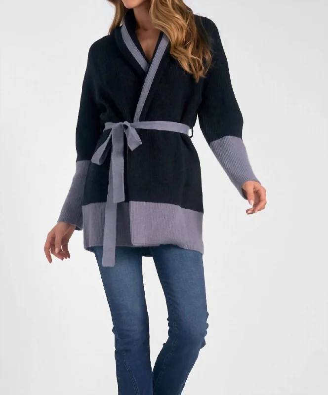 Belted Color Block Cardigan In Black/grey