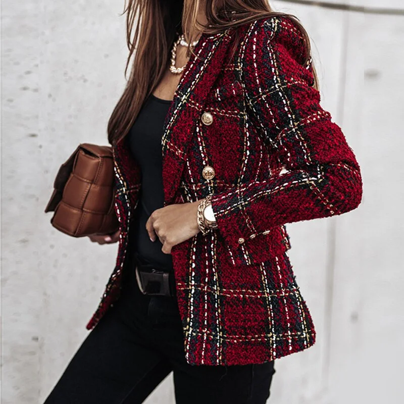 Plaid Tweed Long Sleeve Blazer