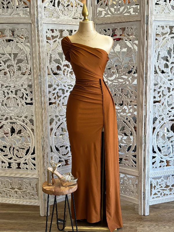 Bronze One Sleeve Ruched Formal Dress- Stretchy