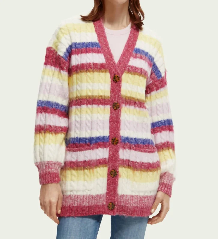 Brushed Mixed Stripe Mid Length Cardigan In Cherry Pie