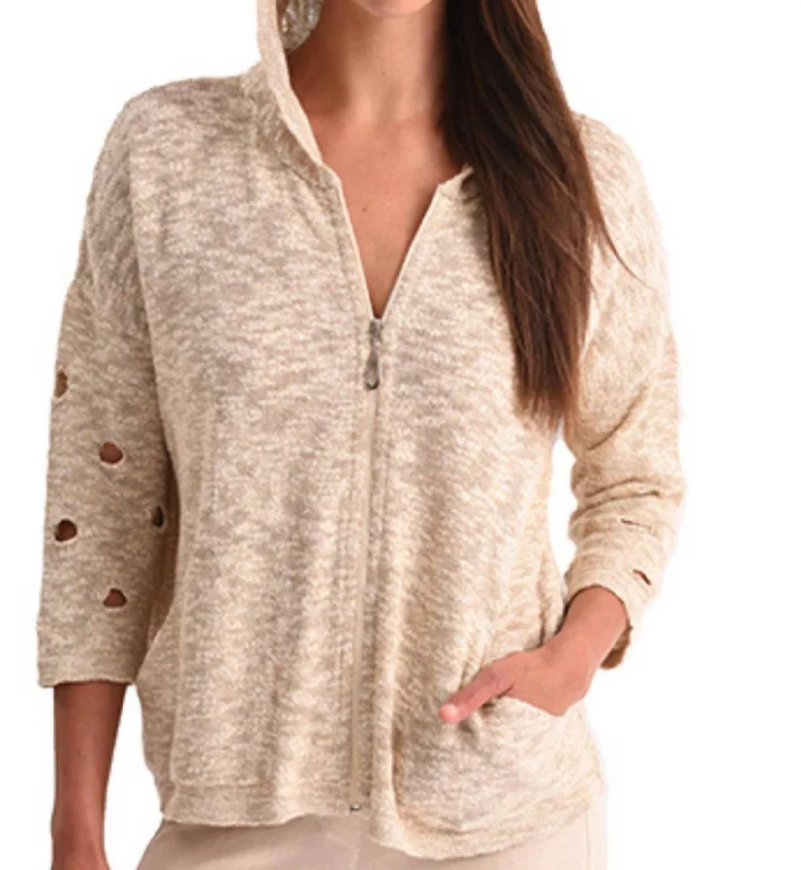 Crochet Cut Out Hooded Zip Cardigan In Sand