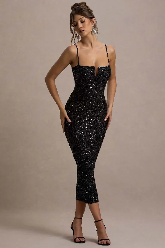 Wrap - Style Women Dress with Adjustable Fit for All Body TypesDazzle Me | Black Sequin Strappy Bodycon Maxi Dress
