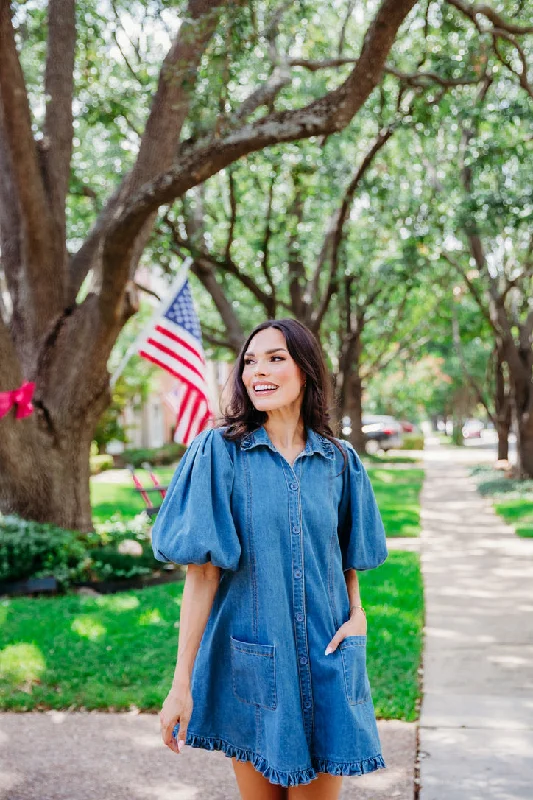 Denim Ruffle Pocket Dress