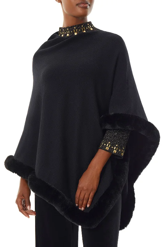 Faux Fur Trim Knit Cape