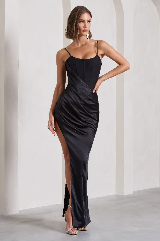 Pleated Women Dress with a Timeless and Elegant TextureIn Attendance | Black Satin Draped Corset Split Maxi Dress