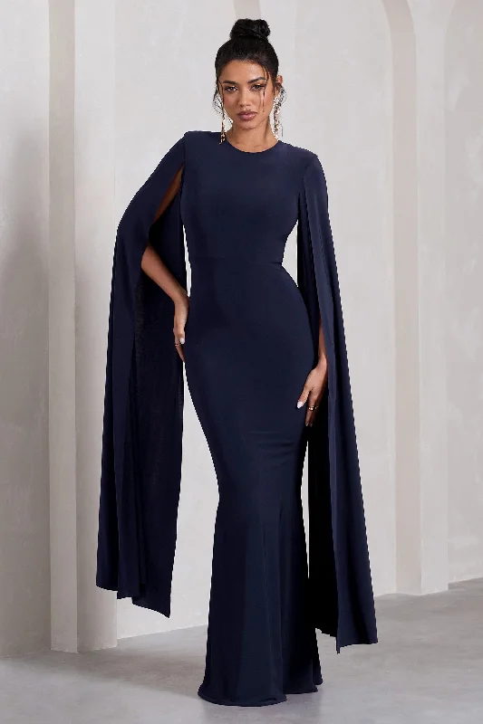 Pleated Women Dress with a Timeless and Elegant TextureKimmy | Navy High Neck Maxi Dress With Cape Sleeves
