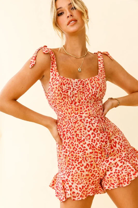 Shift Women Dress with a Simple and Classic Design for Everyday WearLet The Light In Ruched Bust Wide Strap Romper Animal Print Orange