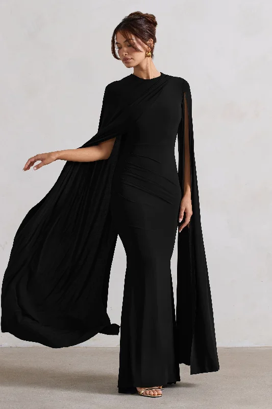Sleeveless Women Dress in Bright Colors for Summer PartiesMagdelena | Black Asymmetric Cape Maxi Dress