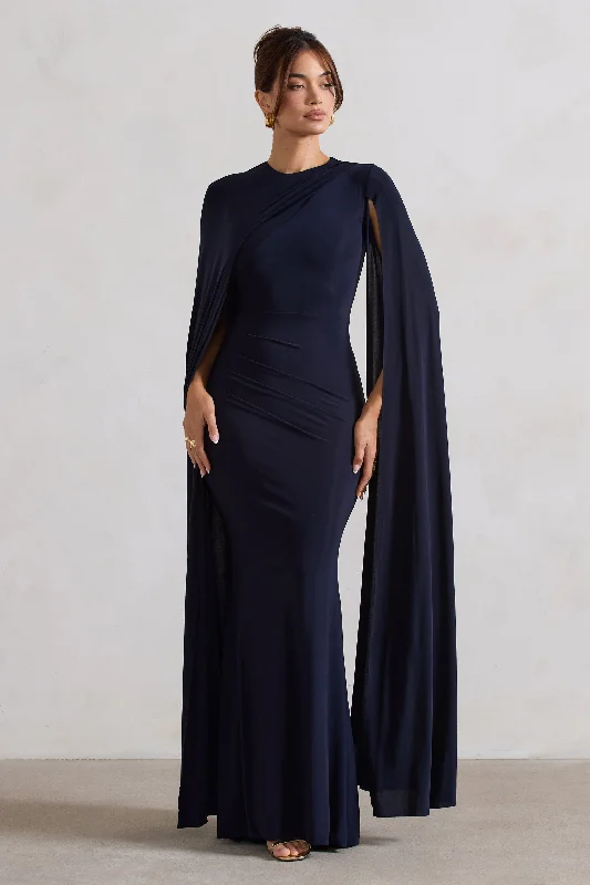 Backless Women Dress for a Sexy and Alluring Look at Evening EventsMagdelena | Navy Asymmetric Cape Maxi Dress
