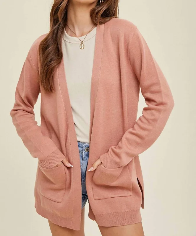 Open Cardigan In Mauve Heathered