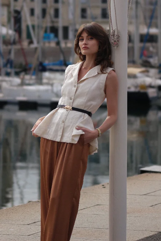 Single - Breasted Women's Linen Blend Blazers in Earth Tones for Casual WearPeplum Vest, Sleeveless, Hemp, Milky White