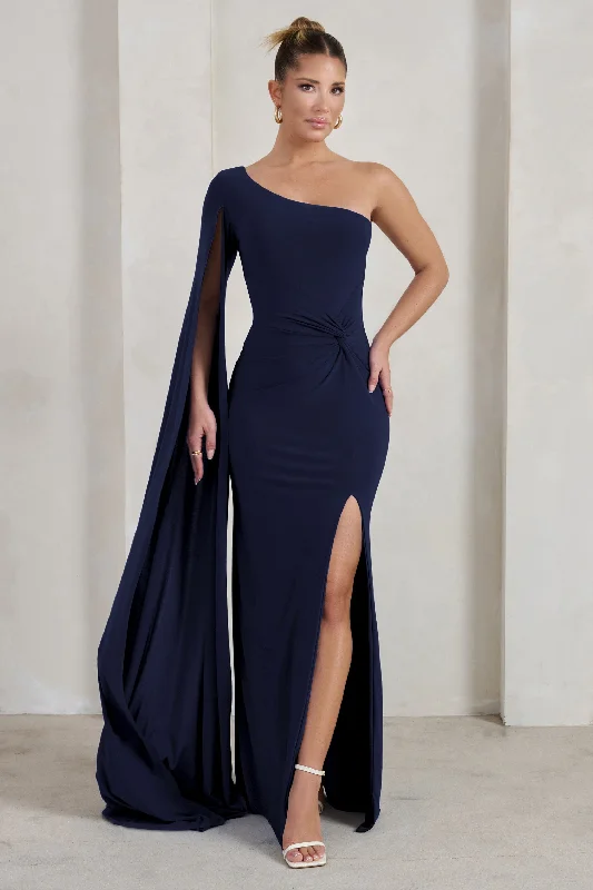 Wrap - Style Women Dress with Adjustable Fit for All Body TypesRomi | Navy One Shoulder Twist Design Maxi Dress