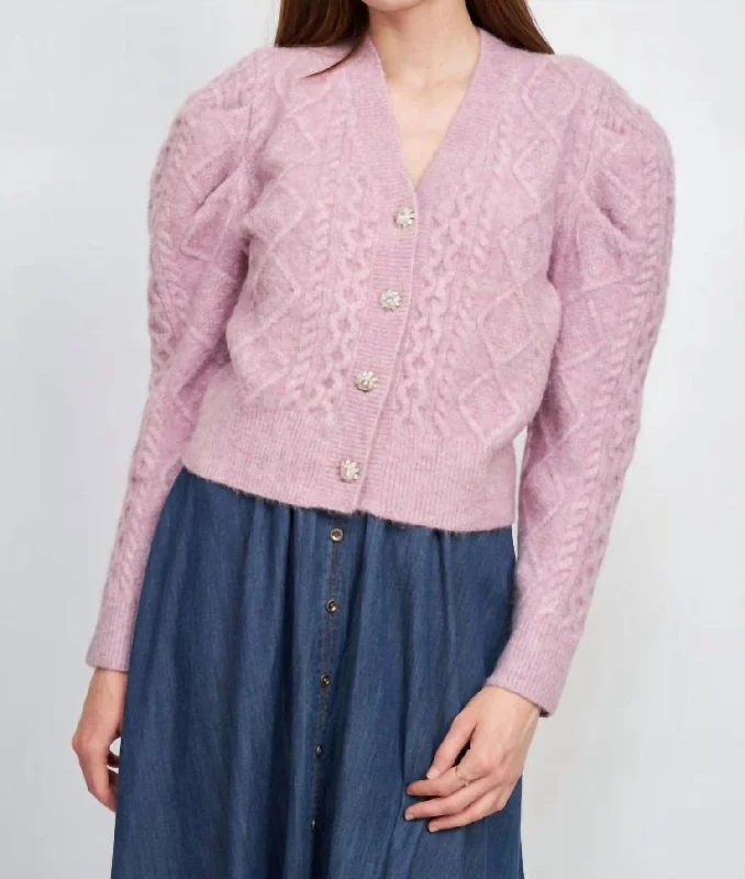 Sirka Cable Knit Puffed Sleeve Cardigan In Lilac