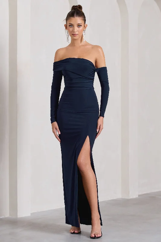 Long - Sleeve Women Dress in Velvet for a Luxurious Winter LookStand Out | Navy Bardot Ruched Maxi With Sleeves And Side Split