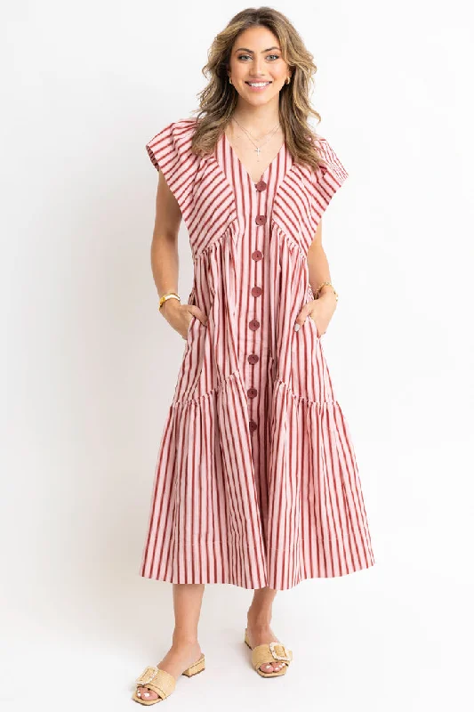 Stripe Vneck Button Maxi Dress