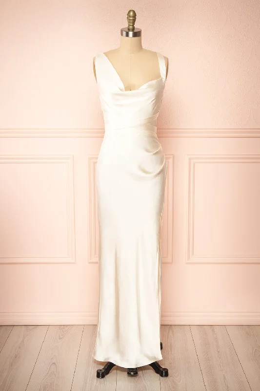 Empire Waist Women Dress to Accentuate the Bust and Conceal the WaistAminata | Ivory Satin Maxi Dress w/ Slit Empire Waist Women Dress to Accentuate the Bust and Conceal the WaistAminata | Ivory Satin Maxi Dress w/ Slit