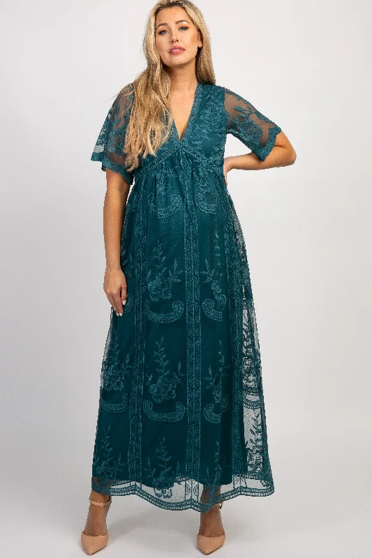 Mini Women Dress with a Short Hem for a Young and Trendy StyleDark Turquoise Lace Mesh Overlay Maternity Maxi Dress Mini Women Dress with a Short Hem for a Young and Trendy StyleDark Turquoise Lace Mesh Overlay Maternity Maxi Dress