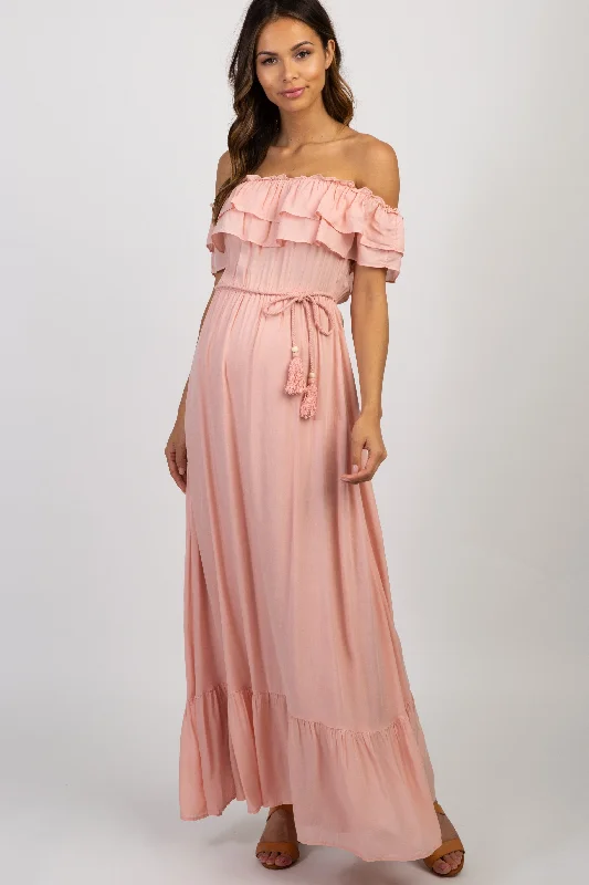Shift Women Dress with a Simple and Classic Design for Everyday WearPink Off Shoulder Tassel Tie Maternity Maxi Dress Shift Women Dress with a Simple and Classic Design for Everyday WearPink Off Shoulder Tassel Tie Maternity Maxi Dress