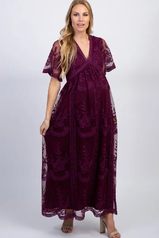 Lace - Embellished Women Dress for an Elegant and Sophisticated AppearancePinkBlush Deep Burgundy Lace Mesh Overlay Maternity Maxi Dress