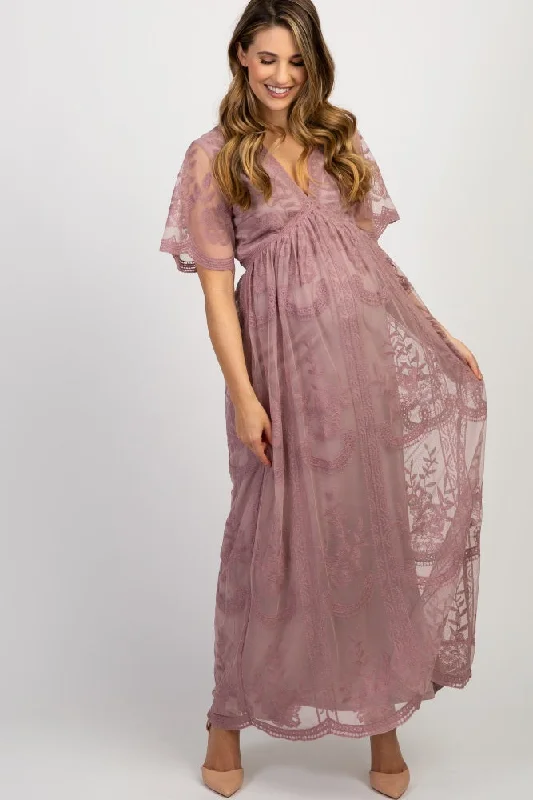 PinkBlush Mauve Lace Mesh Overlay Maternity Maxi Dress