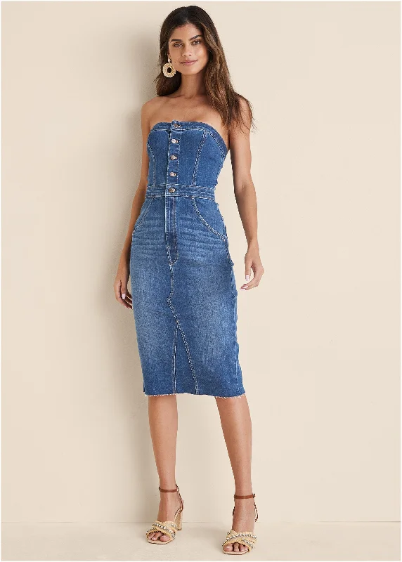 Mermaid - Style Women Dress with a Fitted Silhouette for Special OccasionsDenim Strapless Dress - Medium Wash Mermaid - Style Women Dress with a Fitted Silhouette for Special OccasionsDenim Strapless Dress - Medium Wash