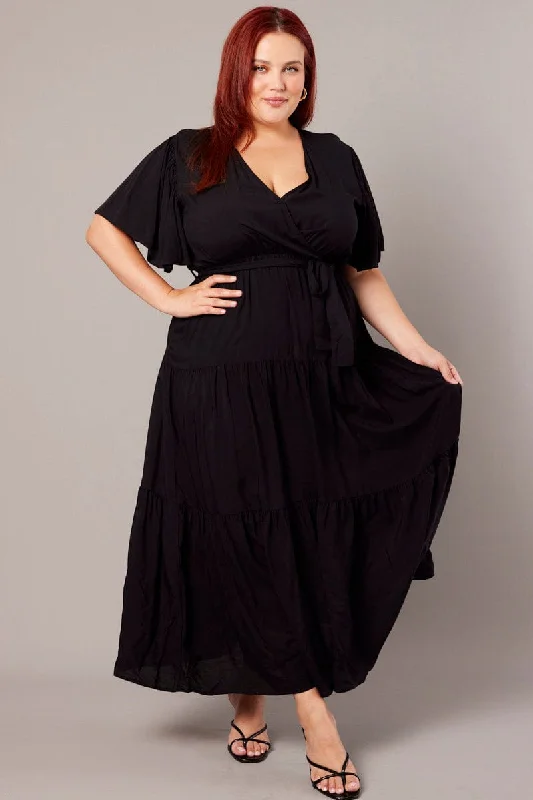 Black Maxidress Flare Sleeve Tie Waist Tiered