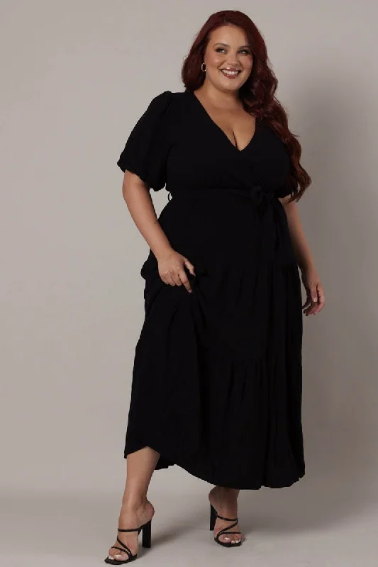 Black Puff Sleeve Faux Wrap Linen Blend Dress