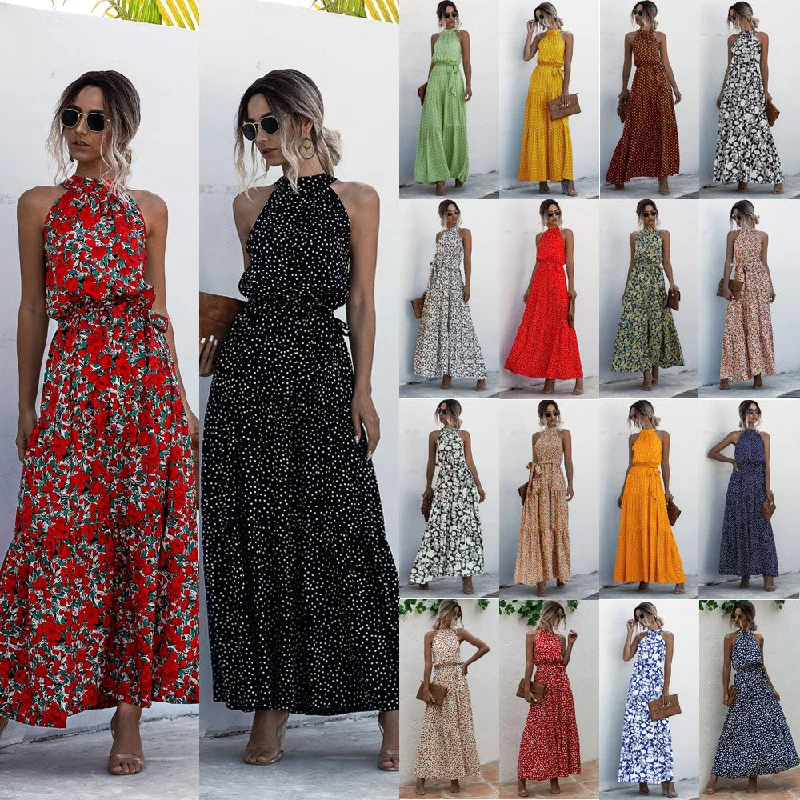 Color Dot Printed Lace Up Halter Tied Long Dress