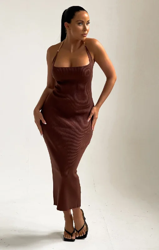 Light Chocolate Halter Neck Knitted Rib Bodycon Maxi Dress - Tahira