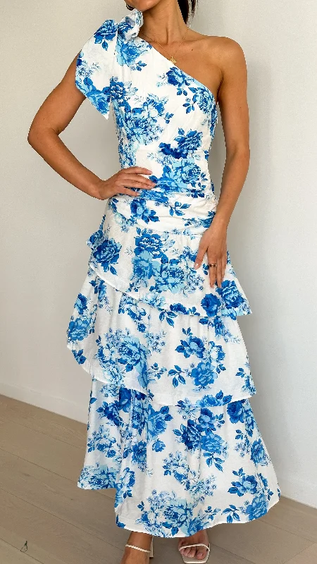 Odilie One Shoulder Maxi Dress - Blue Floral