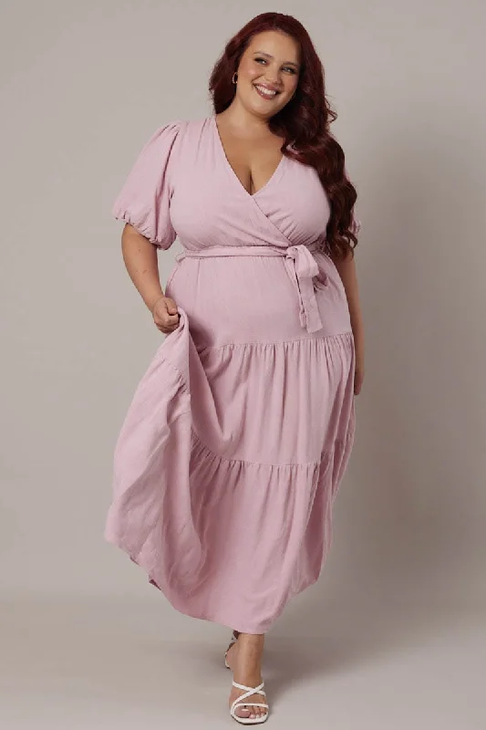 Strapless Women Dress with a Built - in Bra for Comfort and SupportPink Puff Sleeve Faux Wrap Linen Blend Dress Strapless Women Dress with a Built - in Bra for Comfort and SupportPink Puff Sleeve Faux Wrap Linen Blend Dress