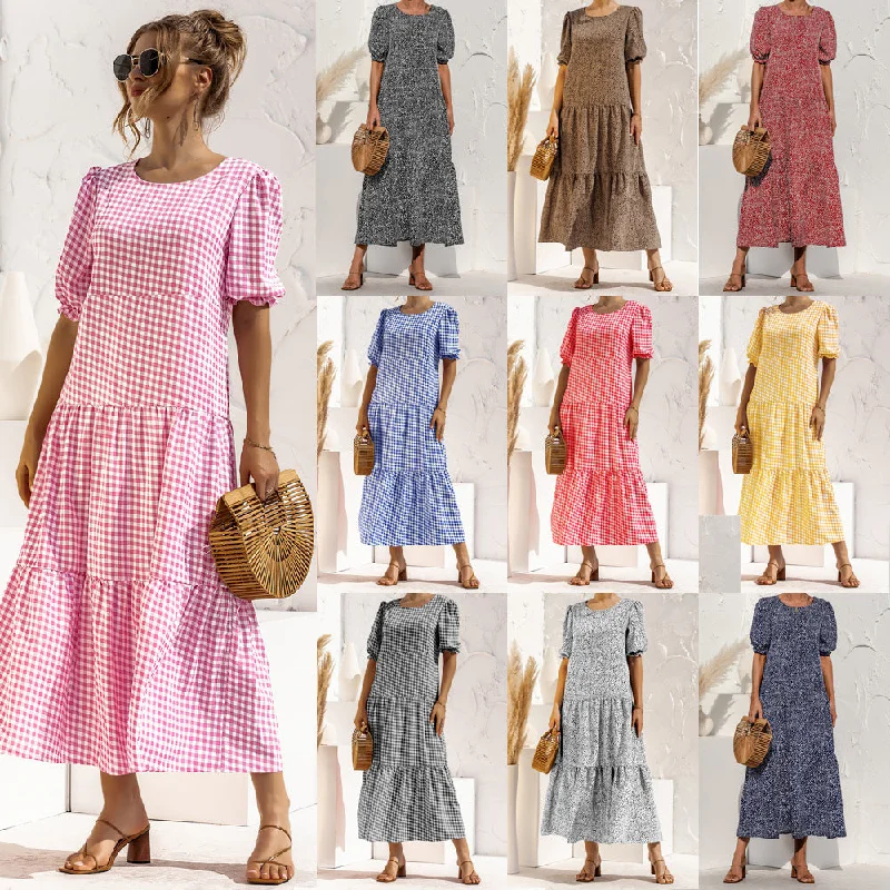 Ball Gown Women Dress with a Full Skirt for a Princess - like LookPuff Sleeve Dot Plaid Urban Style Loose Stitching Long Dress Ball Gown Women Dress with a Full Skirt for a Princess - like LookPuff Sleeve Dot Plaid Urban Style Loose Stitching Long Dress