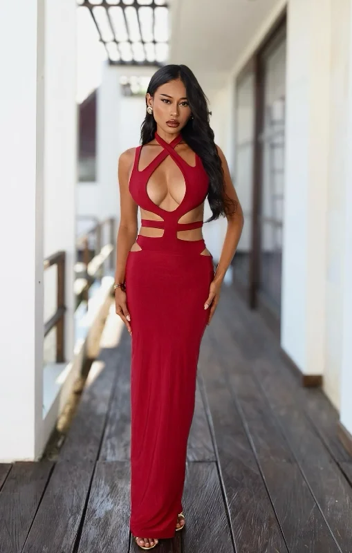 Red Cross Over Plunge Cut Out Maxi Dress - Gabrielle