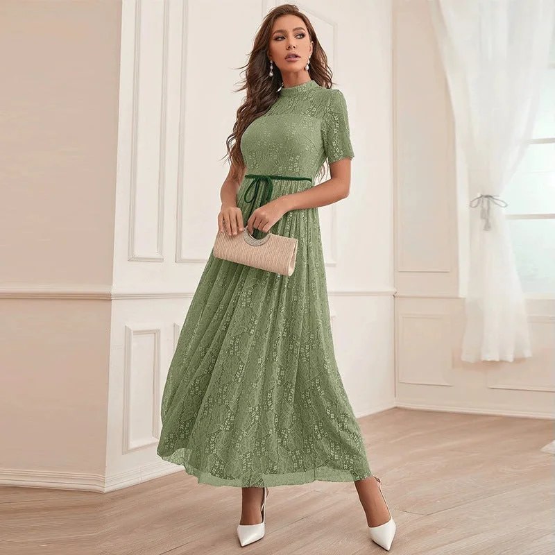 Round Neck Short Sleeve High Waist Maxi Dress