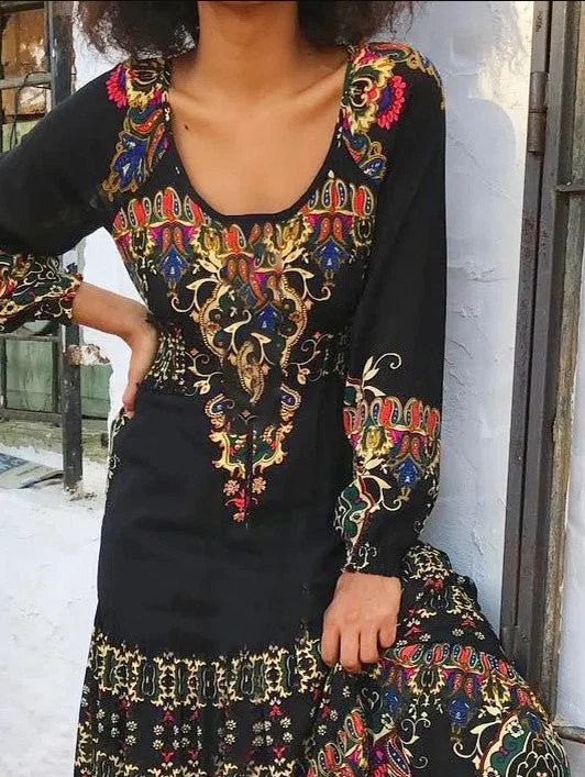 Summer Printed Pullover Round Neck Sexy Mid-waist Polyester Fiber Temperament Commute Long Dress