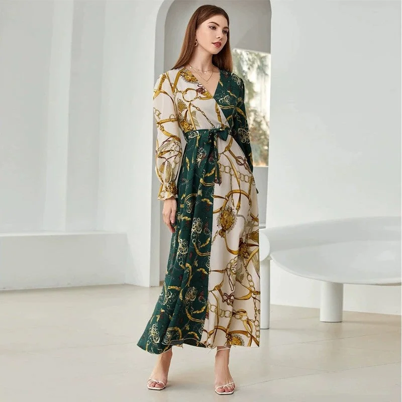 V Neck Long Sleeve Printed Maxi Dress