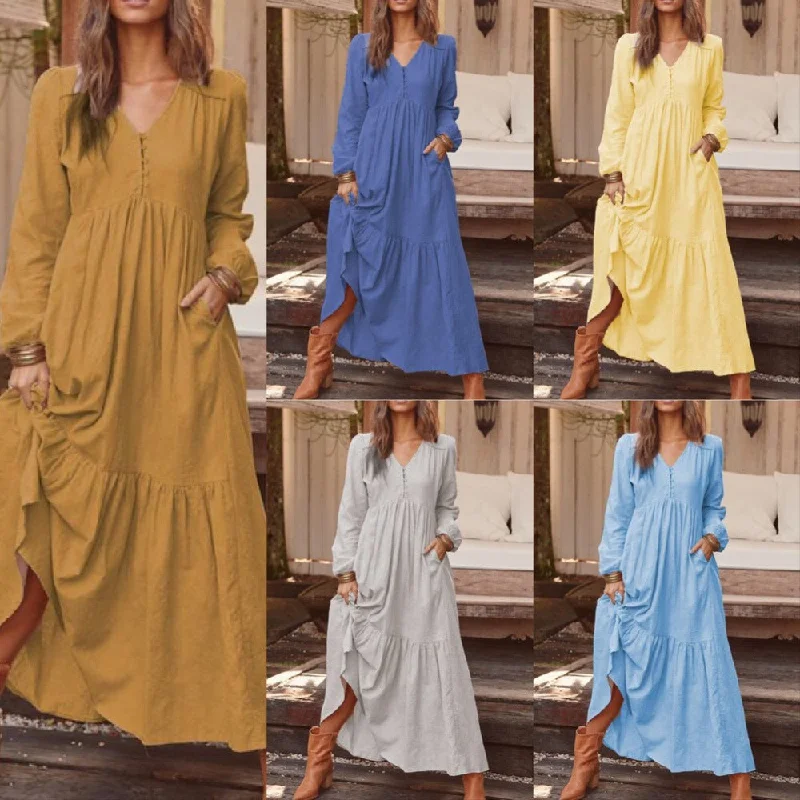 Women's Button Cotton Linen Urban Leisure Retro Casual Long-sleeved Large Swing Dress