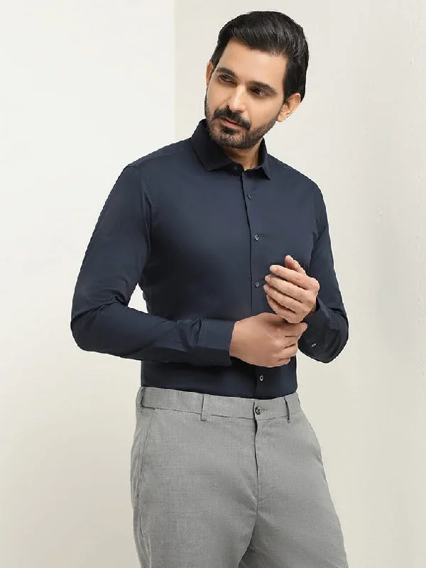 High - Waisted Women Shorts for a Retro and Flattering LookWES Formals Navy Cotton Blend Ultra Slim Fit Shirt High - Waisted Women Shorts for a Retro and Flattering LookWES Formals Navy Cotton Blend Ultra Slim Fit Shirt