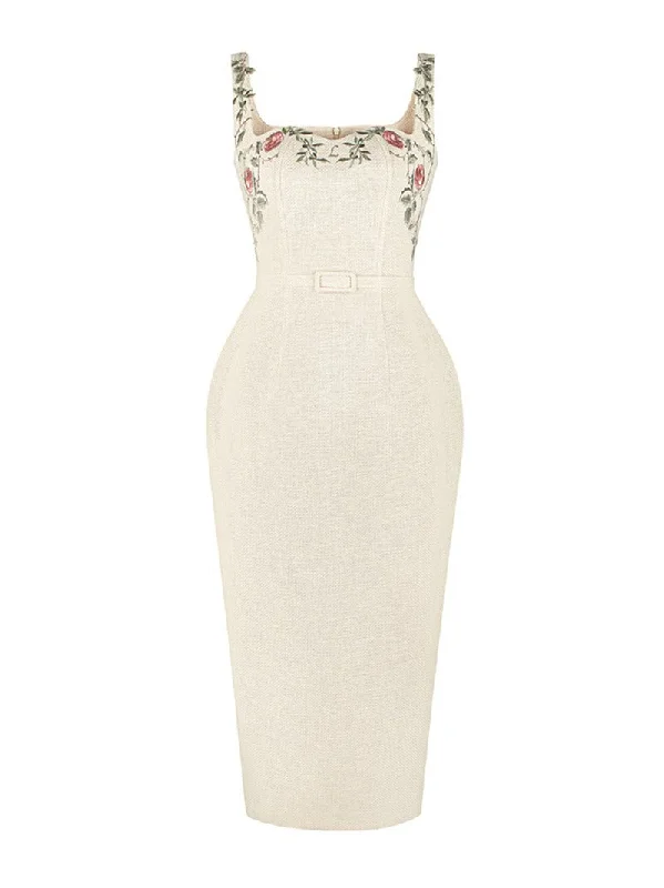 Floral Embroidery Spaghetti Strap Midi Dress