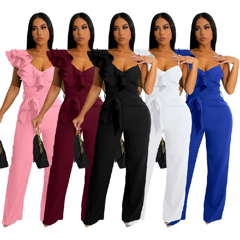 New womens clothing fashion ruffled edge one shoulder sleeveless waist tucked deep V loose ladies solid color one piece jumpsuit